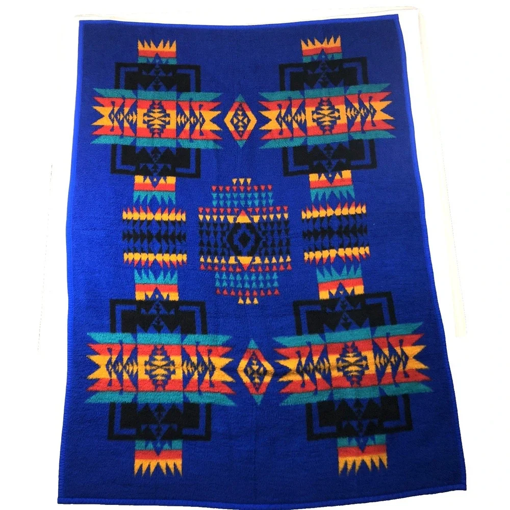 Vintage Biederlack Blanket Blue Gold Aztec Southwestern Geometric‎ Appox 52x72